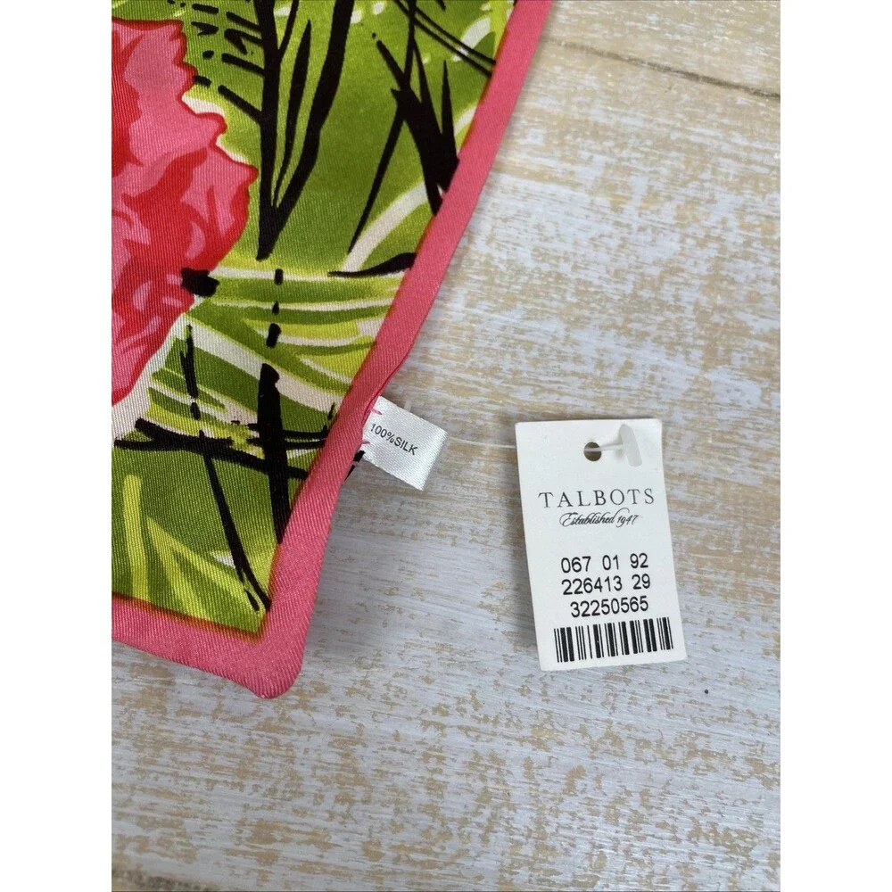 Talbots 100% Silk  Pink & Green Floral & Butterflies Scarf 66” X 4” *NWT